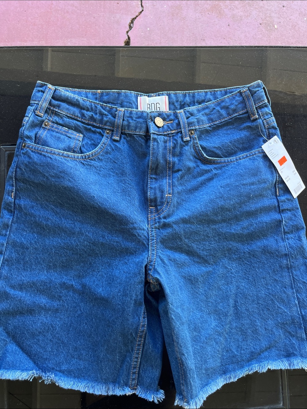 BDG Dark Blue High-Rise Frayed Hem Jean Shorts